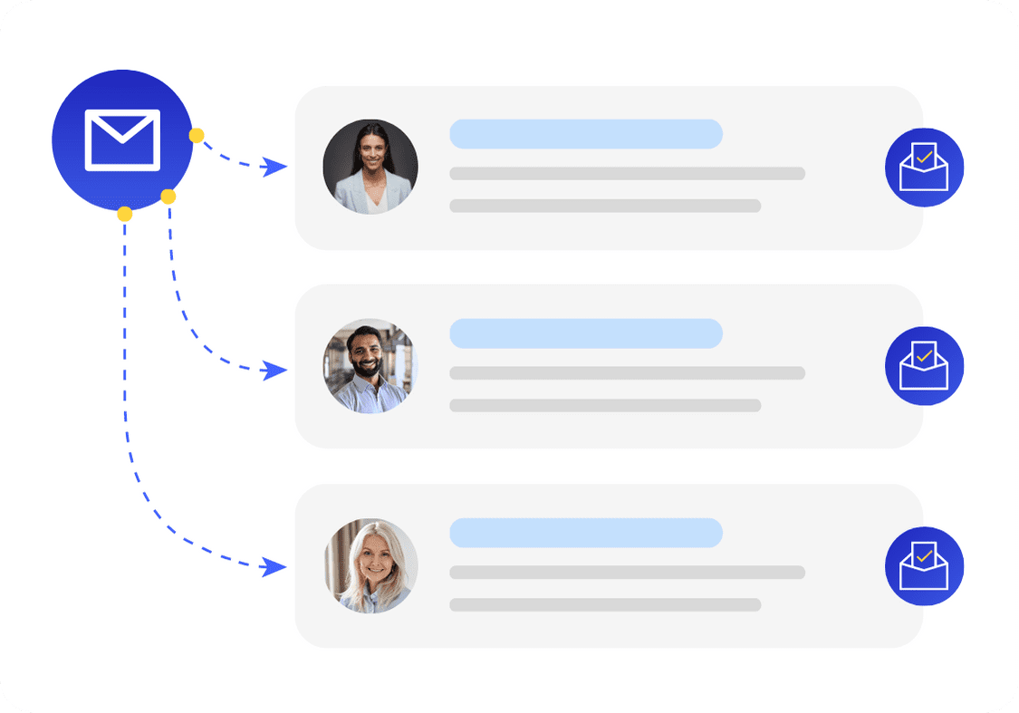 Illustration showing three profiles, each with a picture, a description, and an envelope icon. A larger envelope icon on the left is connected to each profile by dotted lines, indicating email distribution or communication among the three individuals.