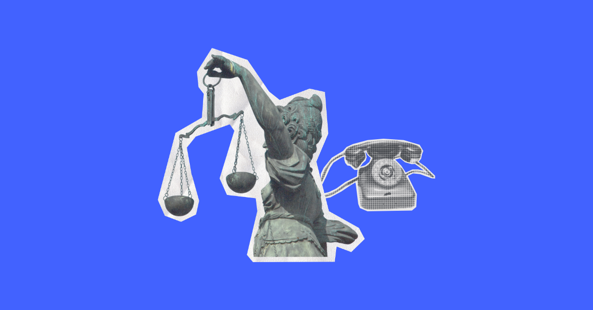 A collage-style illustration on a bright blue background featuring a cutout of a Lady Justice statue holding scales, alongside a vintage rotary telephone in halftone style — representing a business phone systems comparison.